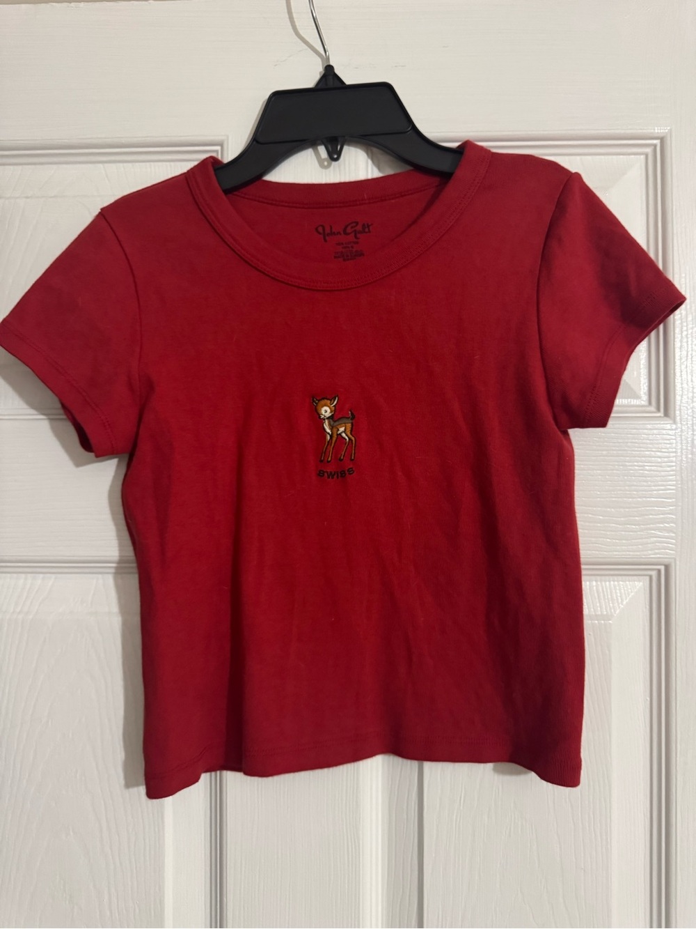 Red Baby Tee with Deer and Swiss Embroidery